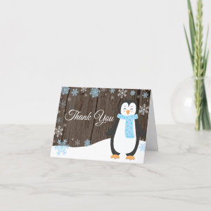 Rustic Winter Penguin Snowflake Blue Thank You Card