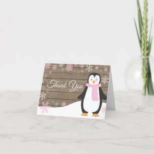 Rustic Winter Penguin Snowflake Pink Thank You Card