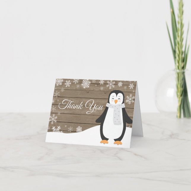 Rustic Winter Penguin Snowflake Thank You Card (Front)