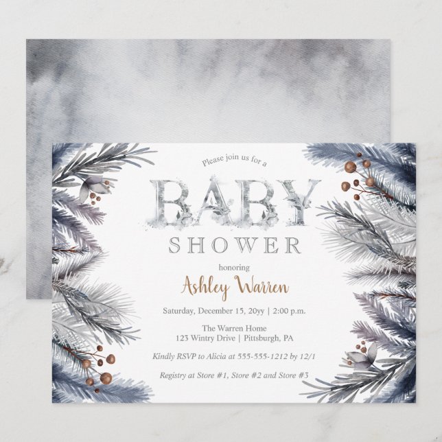 Rustic Winter Pine | Berries Floral Baby Shower Invitation (Front/Back)