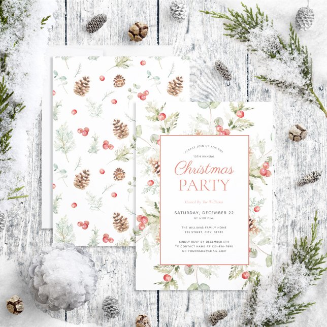Rustic Winter Pine Berry Holiday Party Invitation (Creator Uploaded)