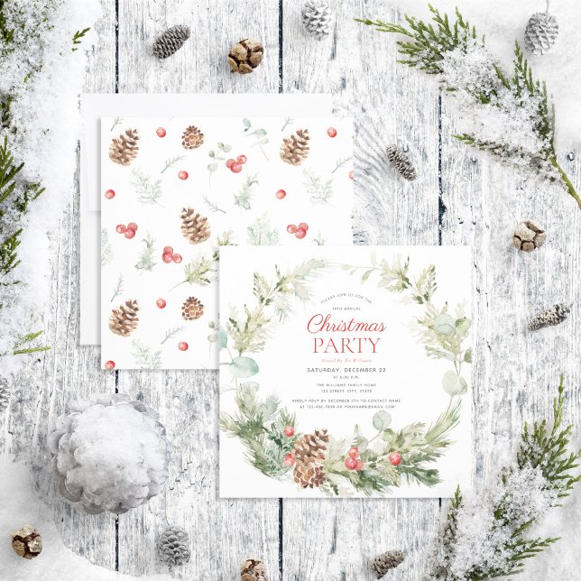Rustic Winter Pine Berry Wreath Holiday Party Invitation (Creator Uploaded)