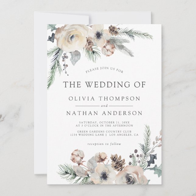 Rustic Winter Pine Botanical Floral Wedding Invitation (Front)