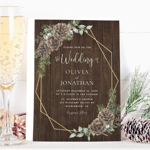 Rustic Winter Pine Cones Gold Frame Wedding Invitation