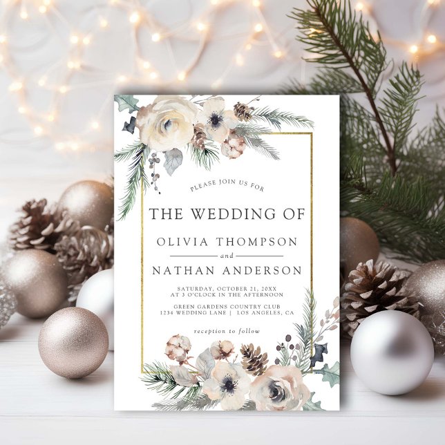 Rustic Winter Pine Floral Gold Frame Wedding Invitation (Creator Uploaded)