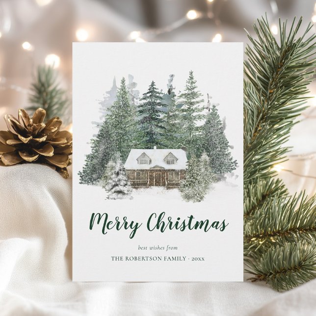 Rustic Winter Pine Forest Cabin Christmas Holiday Card (Creator Uploaded)