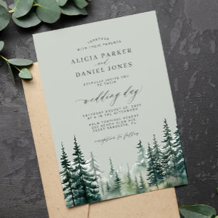 Rustic winter pine forest watercolor sage wedding invitation