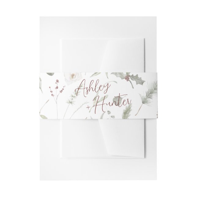 Rustic Winter Pine Pattern Hand Lettered Wedding Invitation Belly Band (Front Example)