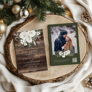 Rustic Winter Pine QR Code RSVP Wedding Invitation