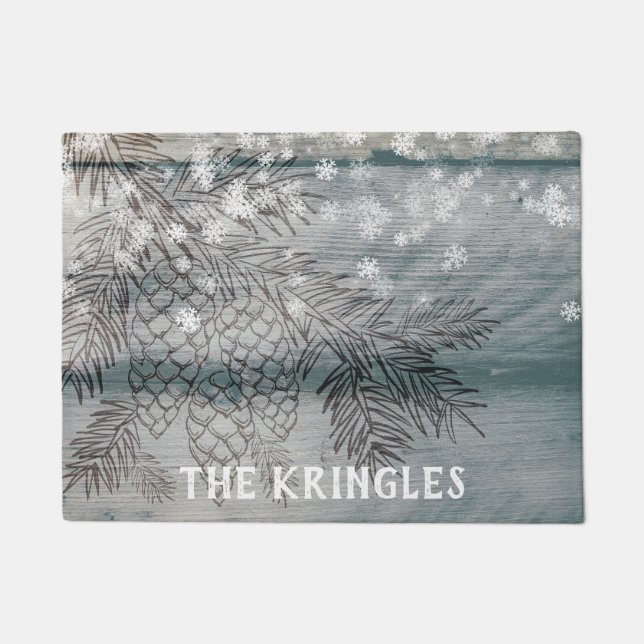 Rustic Winter Pine Tree Branches Snowflakes Name Doormat (Front)