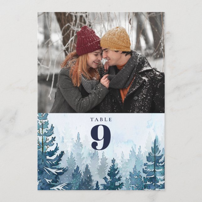 Rustic Winter Pine Tree Forest Photo Table Number (Front)