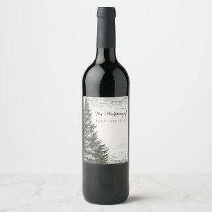 Rustic Winter Pine Tree & White Wood Wedding Wine Wine Label