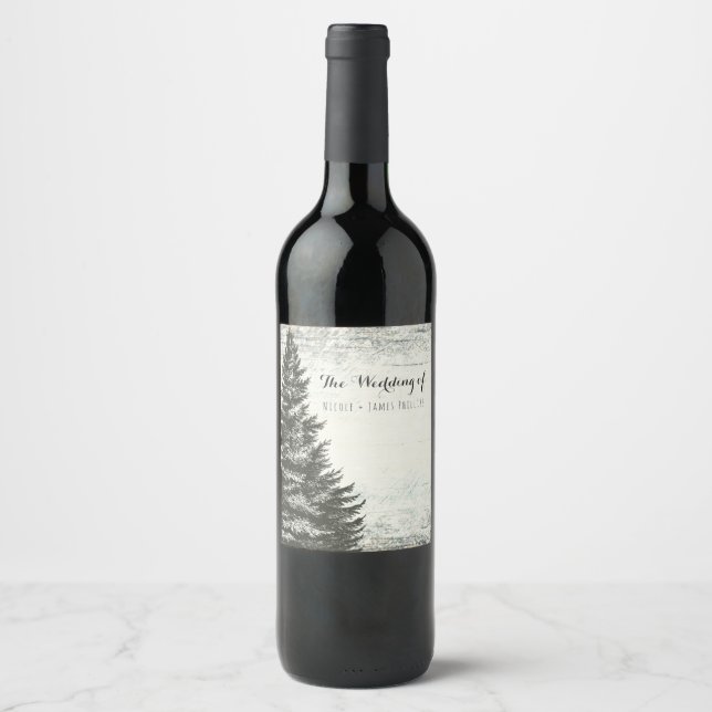 Rustic Winter Pine Tree & White Wood Wedding Wine Wine Label (Front)