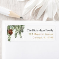 Rustic winter pine trees acorns label