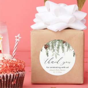 Rustic winter pine trees baby shower thank you classic round sticker