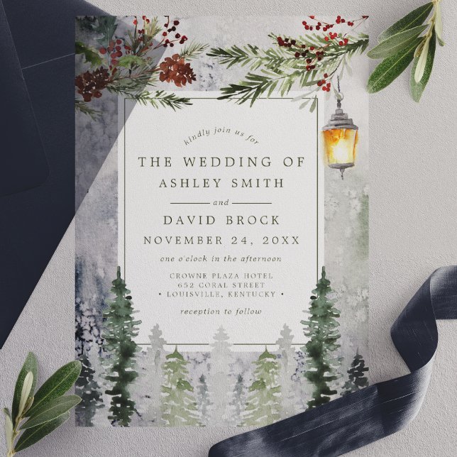 Rustic Winter Pine Trees Botanical Lantern Wedding Vellum Invitations (Creator Uploaded)