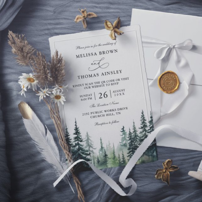 Rustic winter pine trees Budget QR Code Wedding Invitation (Creator Uploaded)