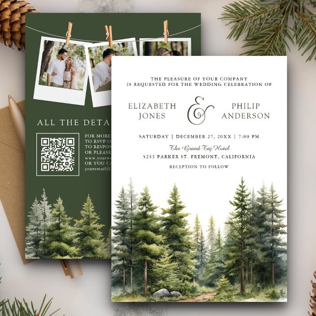 Rustic Winter Pine Trees Forest QR Code Wedding Invitation (Creator Uploaded)