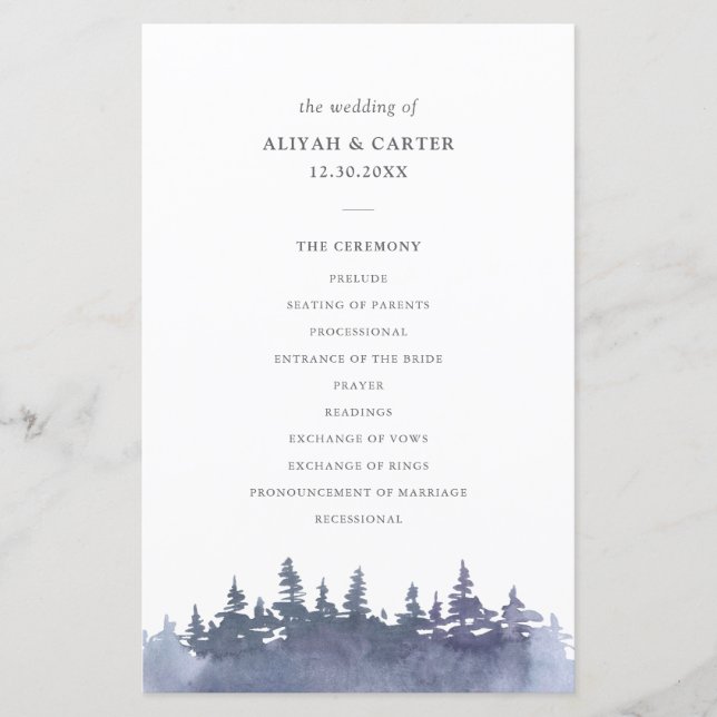 Rustic Winter Pine Trees Wedding Program (Front)