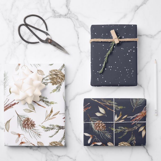Rustic Winter Pinecone Wrapping Paper Set (Front)