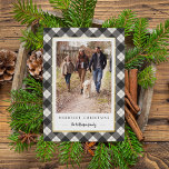 Rustic Winter Plaid Christmas Photo Foil Holiday Card<br><div class="desc">Send holiday greetings to friends and family with our rustic elegant photo cards featuring a wintry navy blue and black buffalo plaid pattern framing your vertical favourite photo. Personalise with two lines of custom text; shown with "Merriest Christmas" and your family name. Gold foil trim adds a luxe touch to...</div>