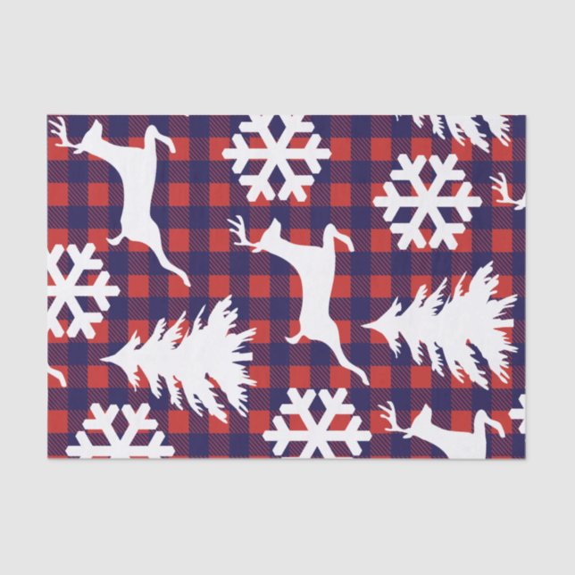 Rustic Winter Plaid White Deer Snowflakes & Trees Tissue Paper (Front)