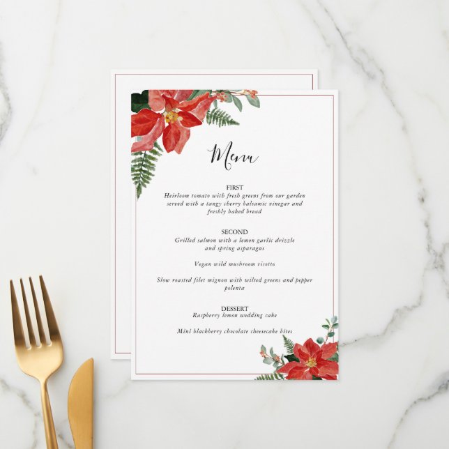 Rustic Winter Poinsettia Red Christmas Wedding Menu (Front/Back In Situ)