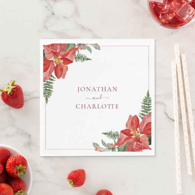 Rustic Winter Poinsettia Red Christmas Wedding Napkin (Insitu)