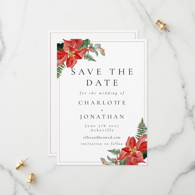 Rustic Winter Poinsettia Red Christmas Wedding Save The Date (Front/Back In Situ)