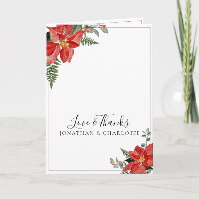 Rustic Winter Poinsettia Red Christmas Wedding Thank You Card (Front)