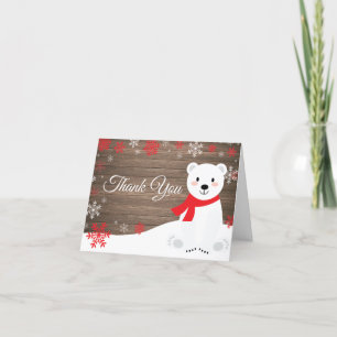 Rustic Winter Polar Bear Red Snowflake Thank You Card