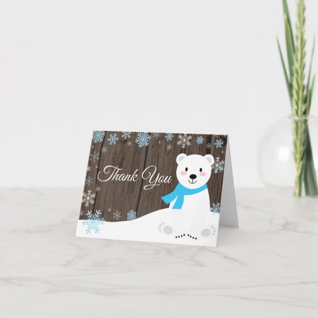 Rustic Winter Polar Bear Snowflake Blue Thank You Card (Front)
