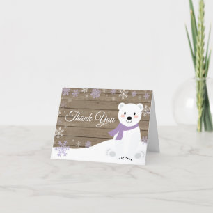 Rustic Winter Polar Bear Snowflake Purple Thank You Card