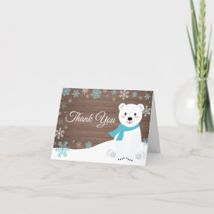 Rustic Winter Polar Bear Snowflake Teal Thank You Card