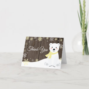 Rustic Winter Polar Bear Snowflake Yellow Thank You Card