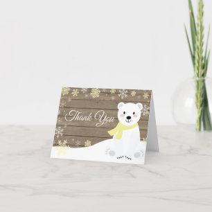 Rustic Winter Polar Bear Snowflake Yellow Thank You Card