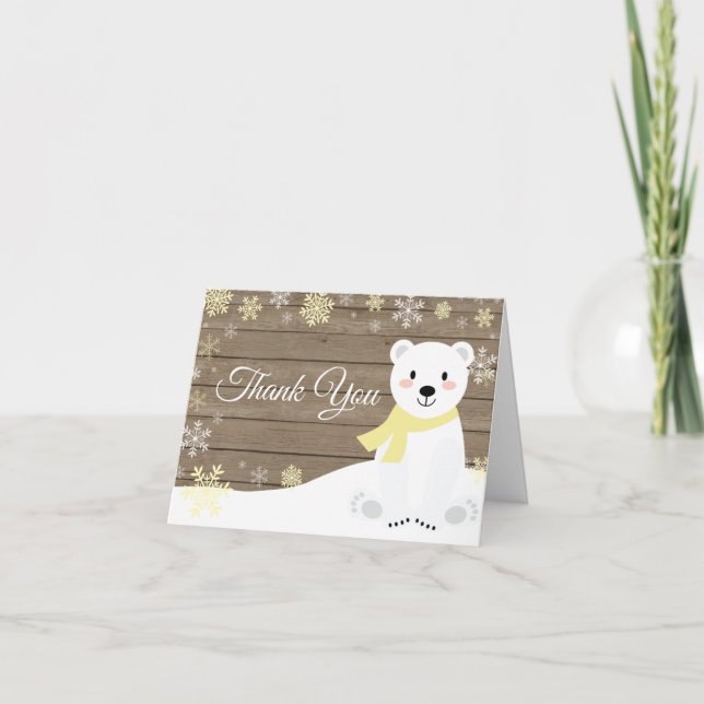 Rustic Winter Polar Bear Snowflake Yellow Thank You Card (Front)