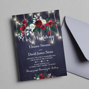 Rustic Winter Red Burgundy Navy Floral Wedding Invitation