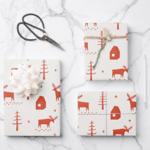Rustic Winter Red Reindeer   Woodland Christmas Wrapping Paper Sheet