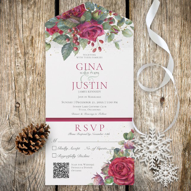 Rustic Winter Red Wine Roses QR Code All In One Invitation (Creator Uploaded)
