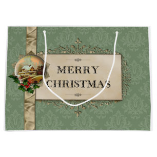 Rustic Winter Scene on Green Damask Large Gift Bag