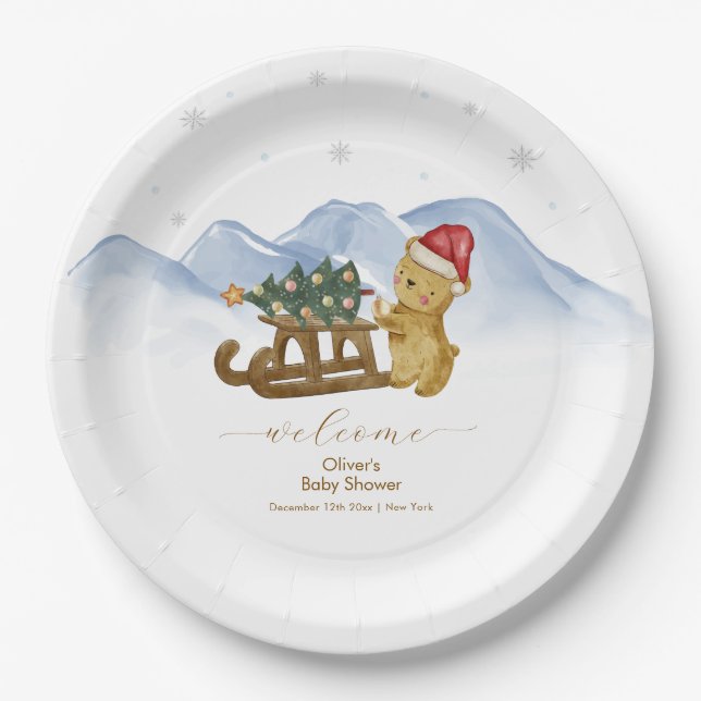 Rustic Winter Sleigh Bear Baby Shower Welcome Paper Plate (Front)