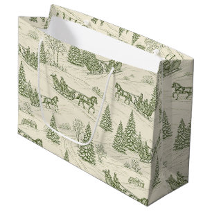 Rustic Winter Sleigh Green Cream Snowy Landscape Large Gift Bag
