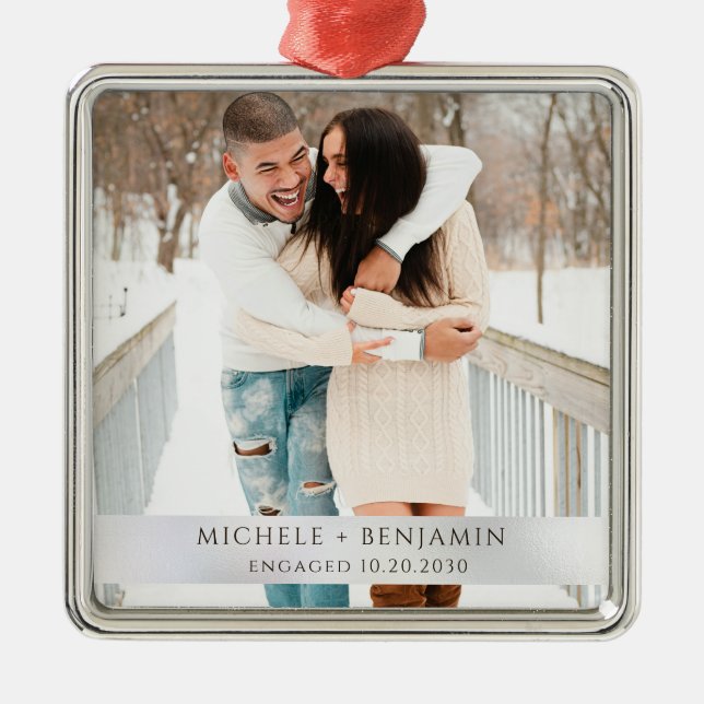 Rustic Winter Snow Engagement Photo Metal Tree Decoration (Front)