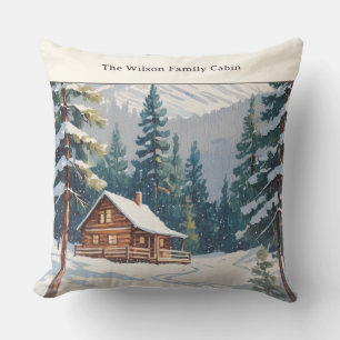 Rustic Winter Snow Family Country Cabin Christmas Cushion