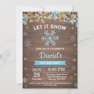 Rustic Winter Snowflake Blue and Gold Boy Birthday Invitation