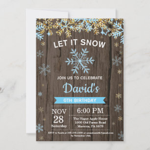 Rustic Winter Snowflake Blue and Gold Boy Birthday Invitation
