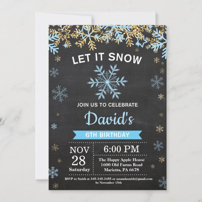 Rustic Winter Snowflake Blue and Gold Boy Birthday Invitation (Front)