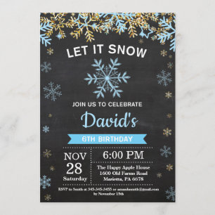 Rustic Winter Snowflake Blue and Gold Boy Birthday Invitation