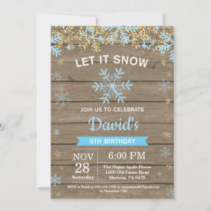 Rustic Winter Snowflake Blue and Gold Boy Birthday Invitation